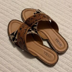 Women’s size 9 Myra slide sandals - hair on hide and tooled leather